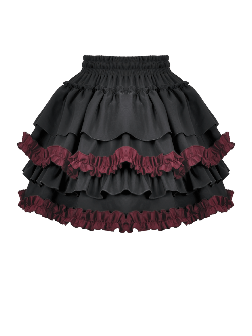 Gothic Lolita Tiered Ruffle Mini Skirt with Wine Red Trim featuring a black layered design and playful ruffles.