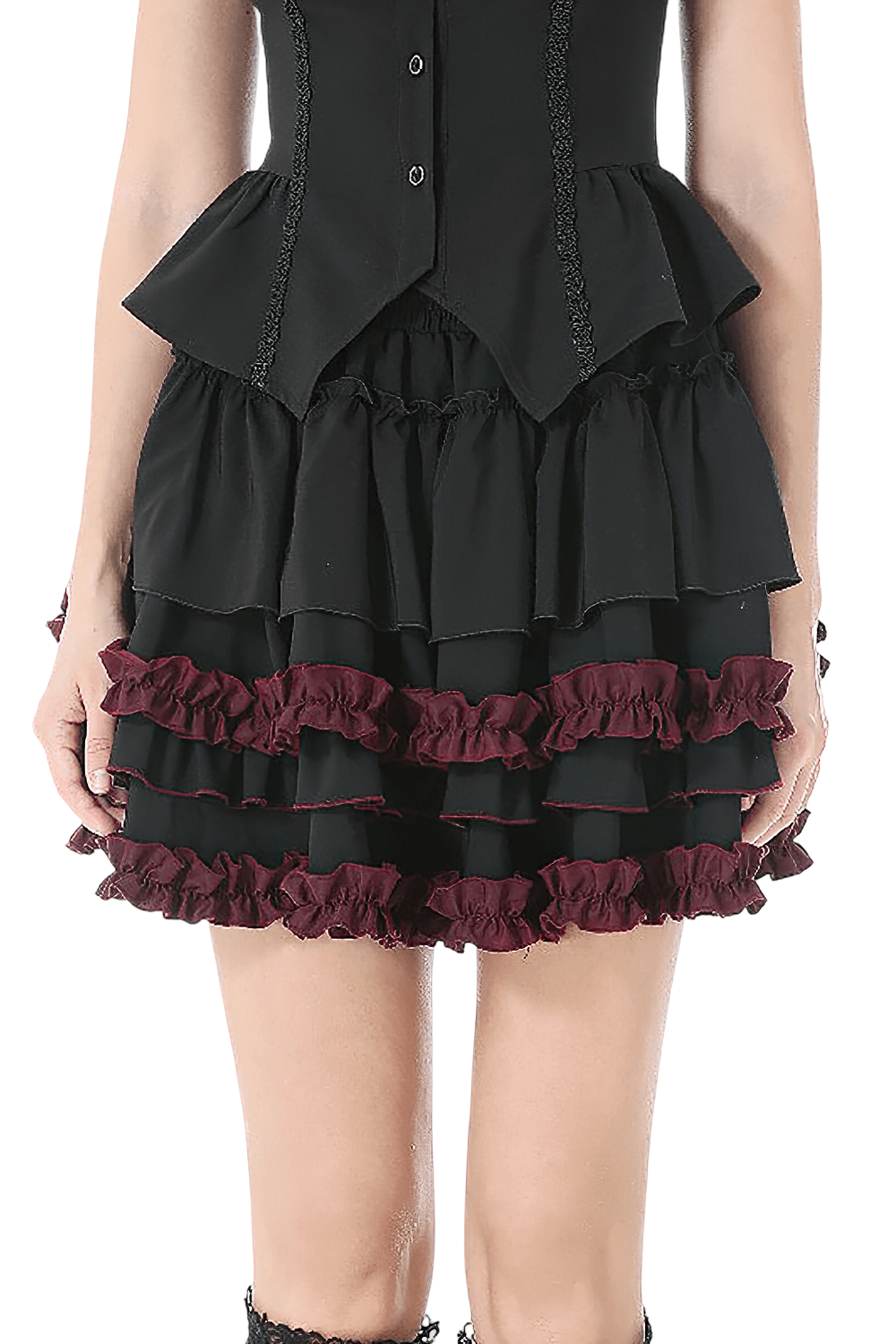 Gothic Lolita Tiered Ruffle Mini Skirt with Wine Red Trim showcasing layered black fabric with wine red frills.