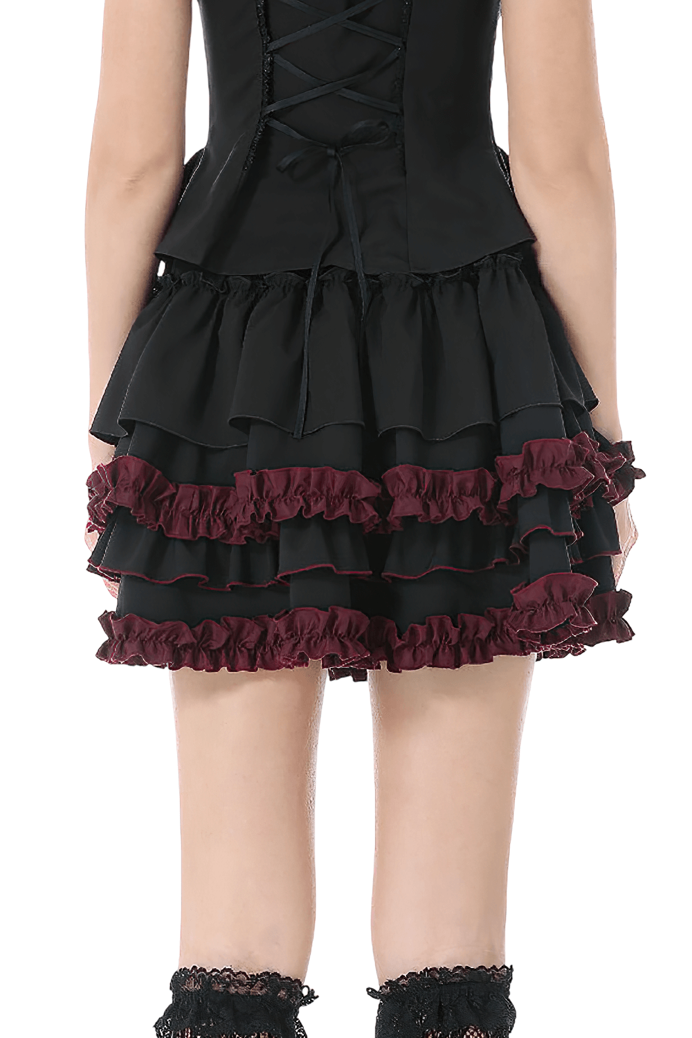 Gothic Lolita Tiered Ruffle Mini Skirt with Wine Red Trim showcasing the playful ruffles from the back view.