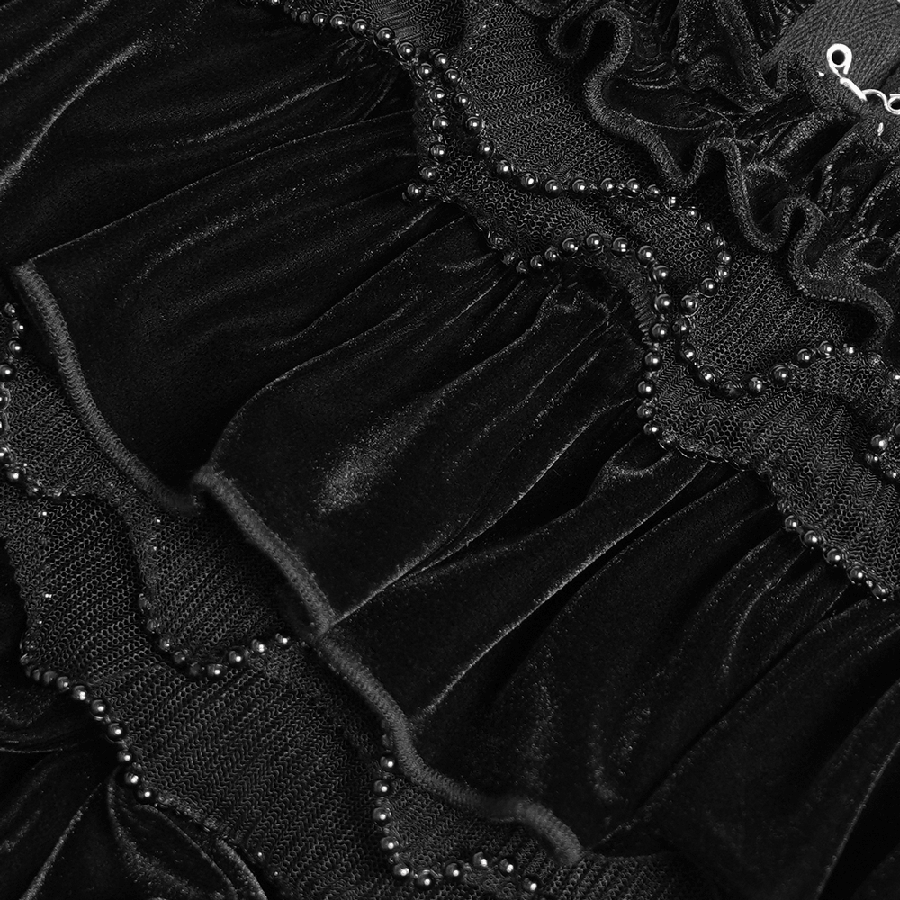 Gothic Lolita Velvet Ruffle Shorts with Lace Trim, black Victorian bloomers with beaded ruffles and lace
