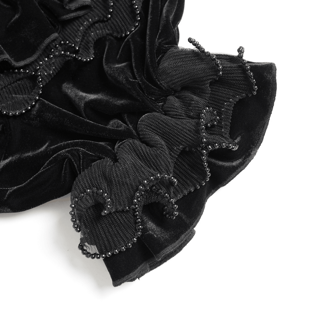 Gothic Lolita Velvet Ruffle Shorts with Lace Trim, black Victorian bloomers with layered ruffles and ornate beads