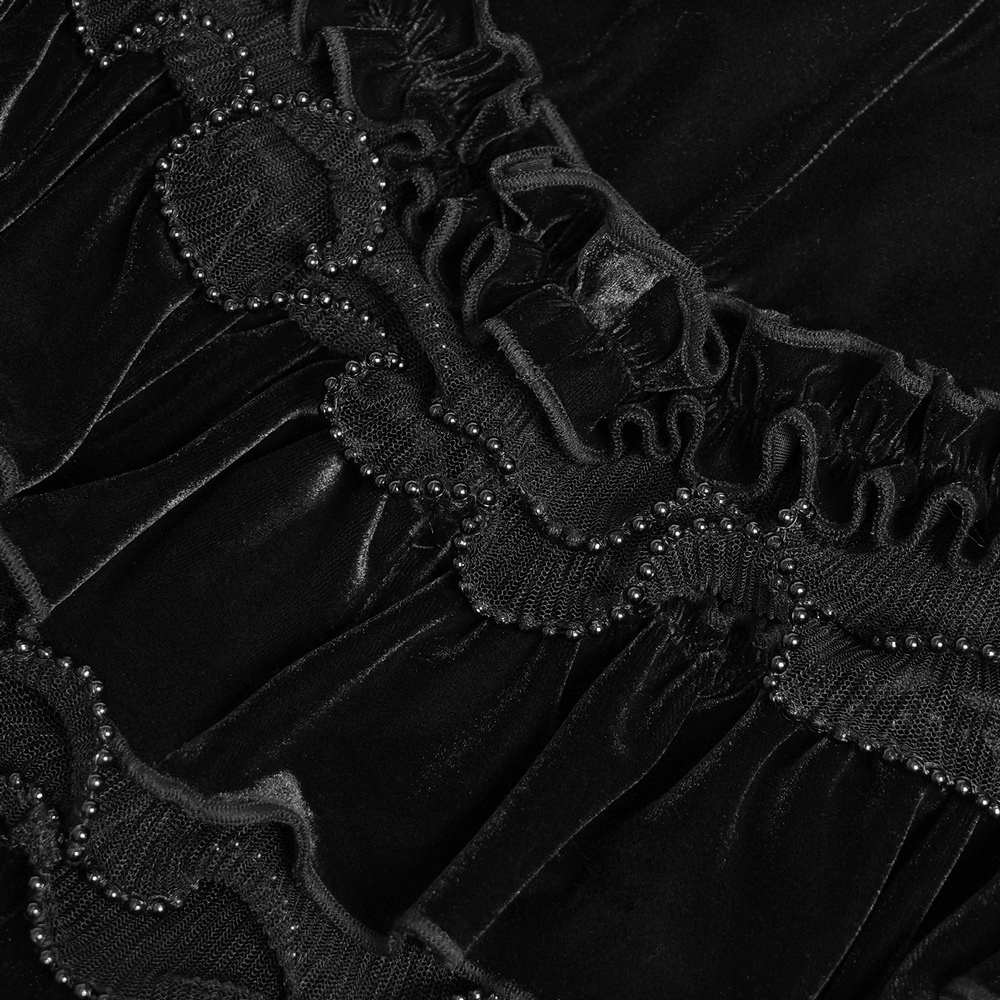 Gothic Lolita Velvet Ruffle Shorts with Lace Trim in black velvet, tiered ruffles and Victorian-inspired beaded lace detail