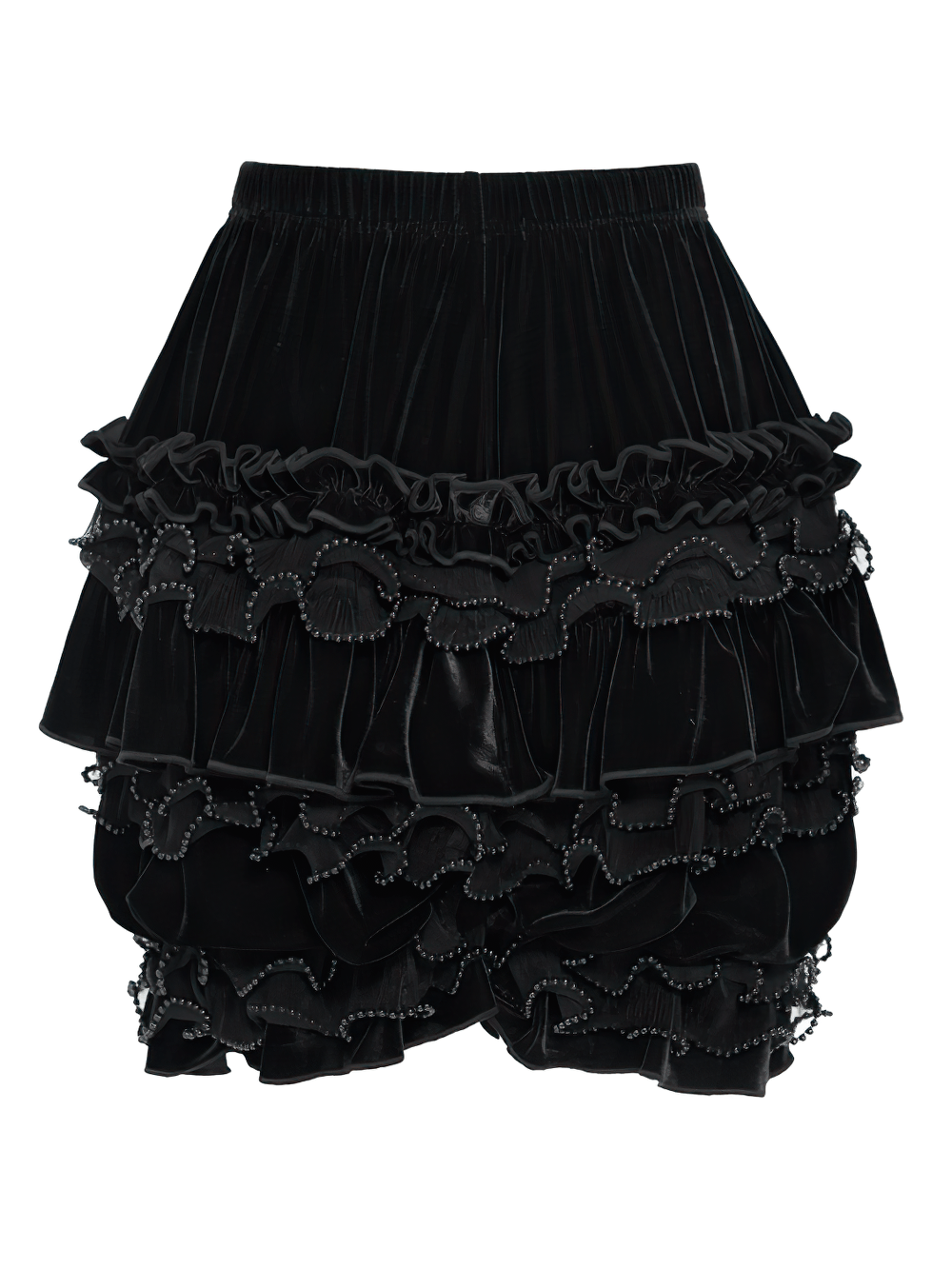 Gothic Lolita Velvet Ruffle Shorts with Lace Trim, black tiered Victorian bloomers with dramatic ruffles and lace