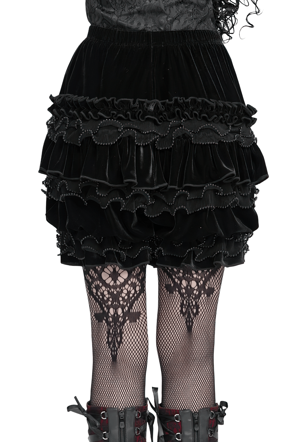 Gothic Lolita Velvet Ruffle Shorts with Lace Trim, black Victorian-inspired bloomers with layered ruffles and ornate detailing