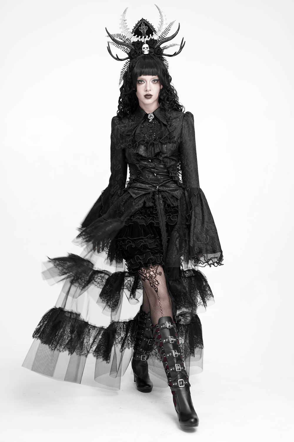Gothic Lolita Velvet Ruffle Shorts with Lace Trim, black Victorian-inspired bloomers with layered ruffles and lace