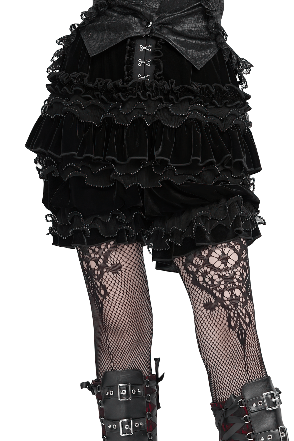 Gothic Lolita Velvet Ruffle Shorts with Lace Trim, black layered Victorian bloomers with hook-and-eye detail and ruffles