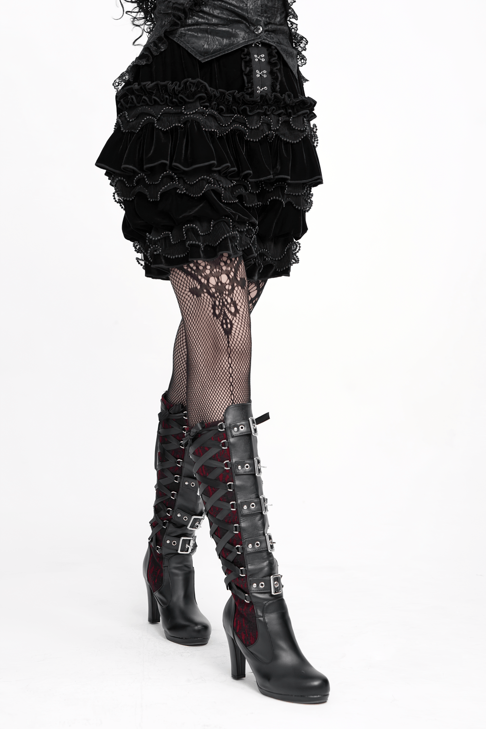 Gothic Lolita Velvet Ruffle Shorts with Lace Trim, black Victorian bloomers with tiered ruffles and lace