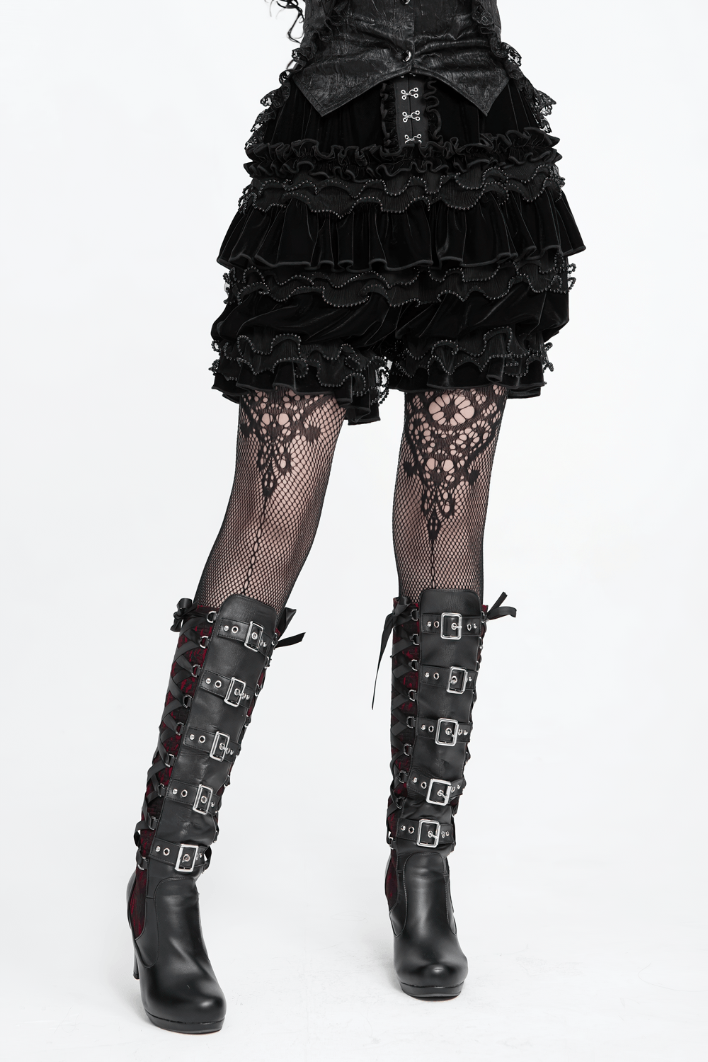 Gothic Lolita Velvet Ruffle Shorts with Lace Trim, black tiered Victorian bloomers with ornate ruffles and lace