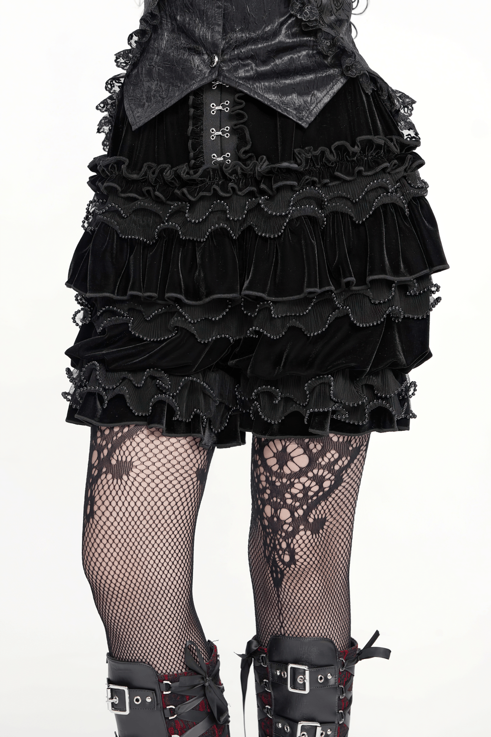 Gothic Lolita Velvet Ruffle Shorts with Lace Trim black Victorian bloomers with tiered ruffles and ornate lace detail