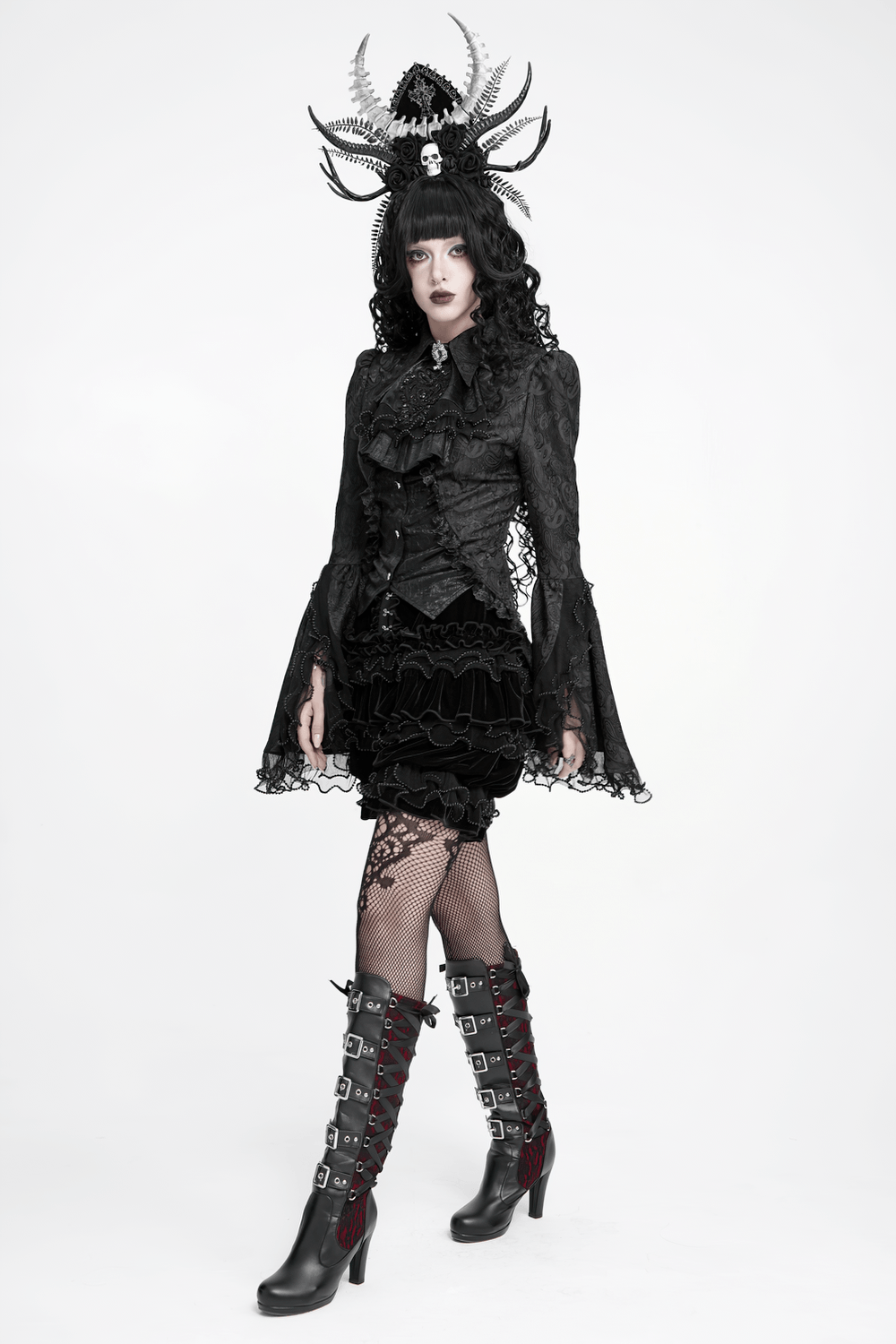 Gothic Lolita Velvet Ruffle Shorts with Lace Trim, black Victorian-inspired bloomers with layered ruffles and lace