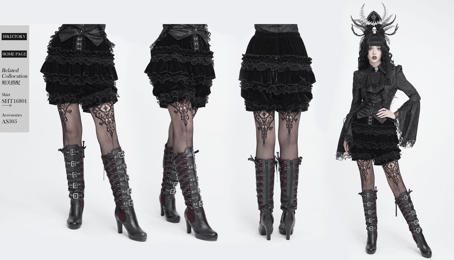 Gothic Lolita Velvet Ruffle Shorts with Lace Trim in black, layered ruffles and Victorian lace styled on model