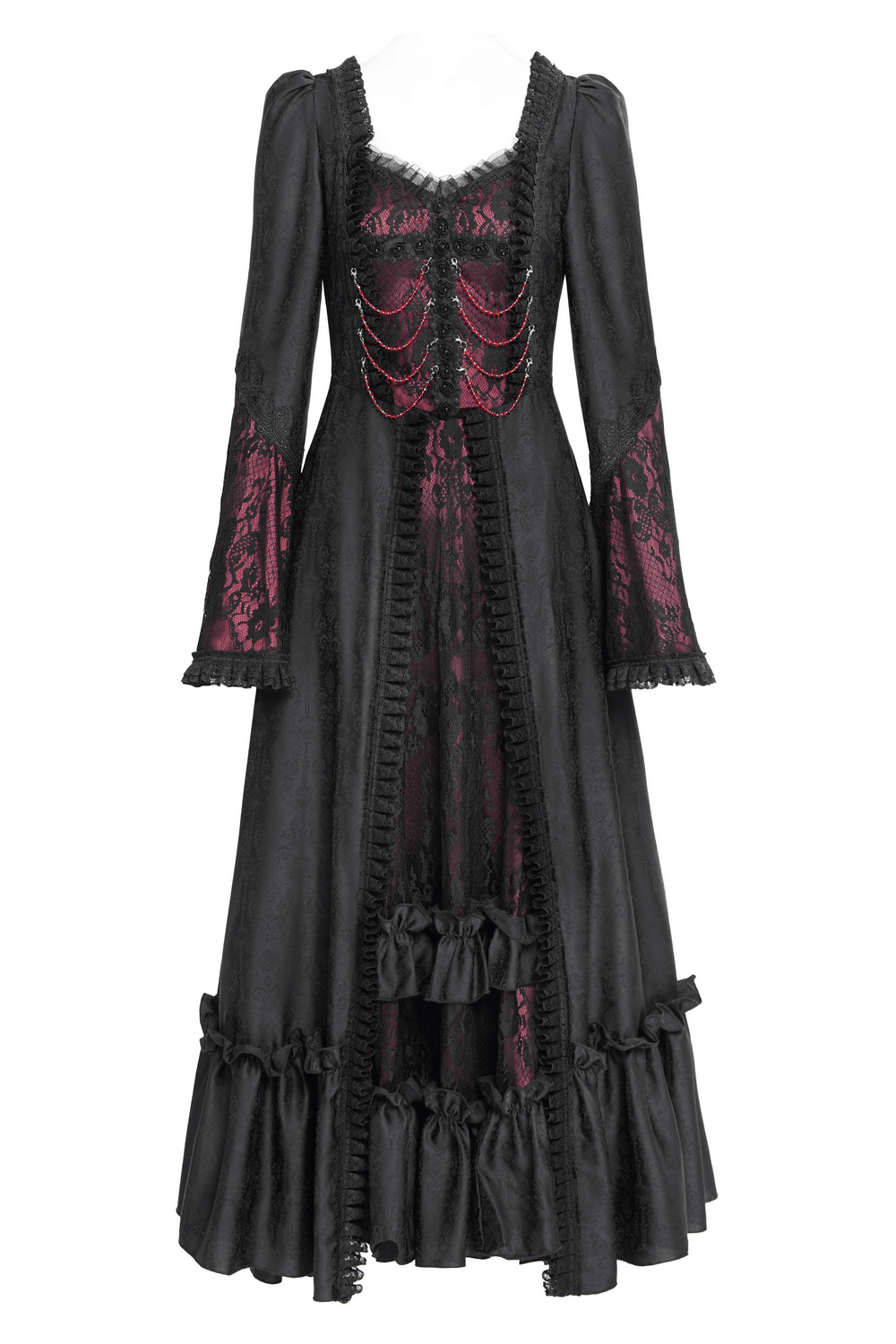 Elegant gothic long black and wine red lace dress with flared sleeves and ruffled hem.