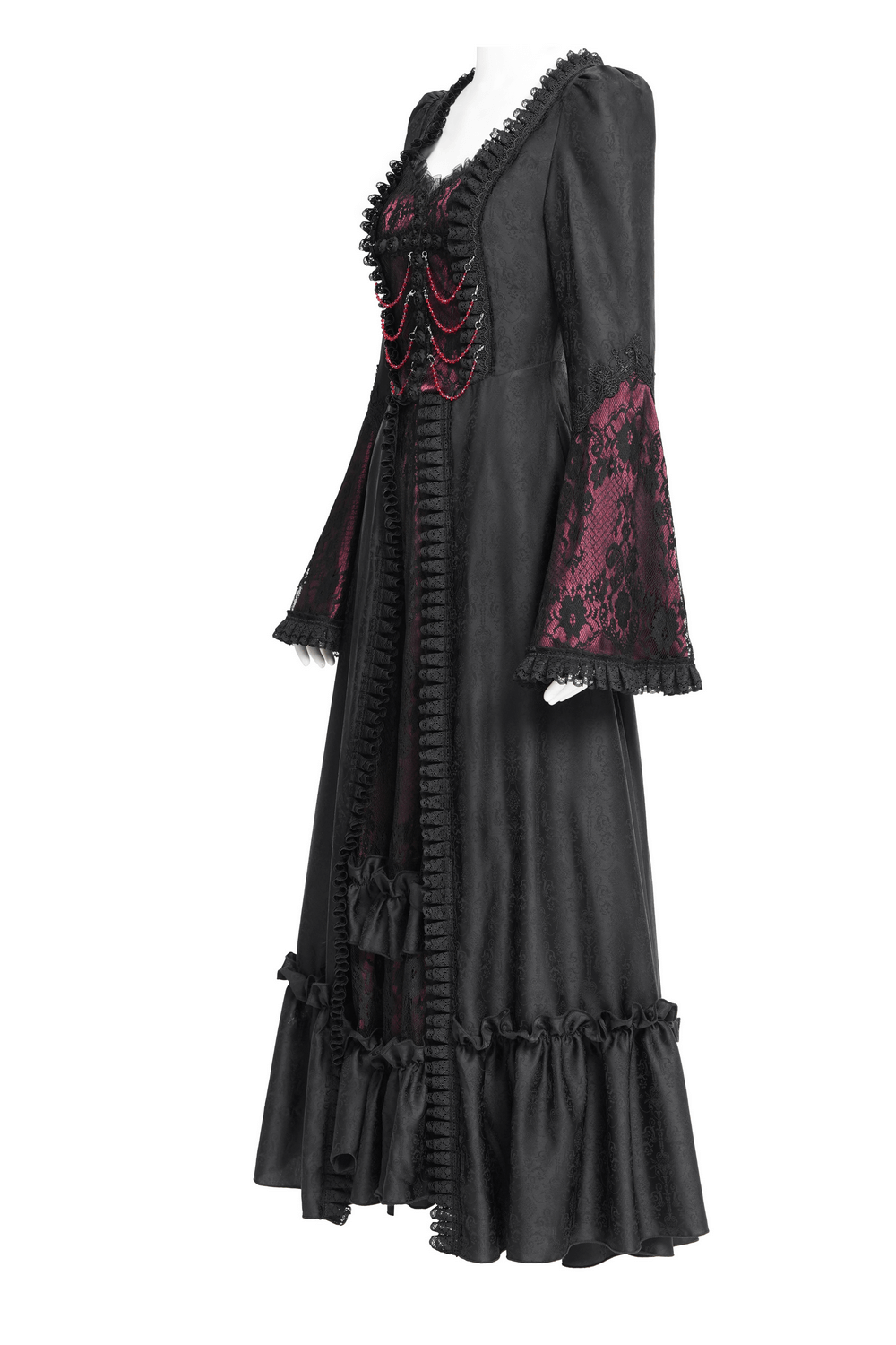 Elegant gothic long black and wine red lace medieval dress with flared sleeves and ruffled hem.
