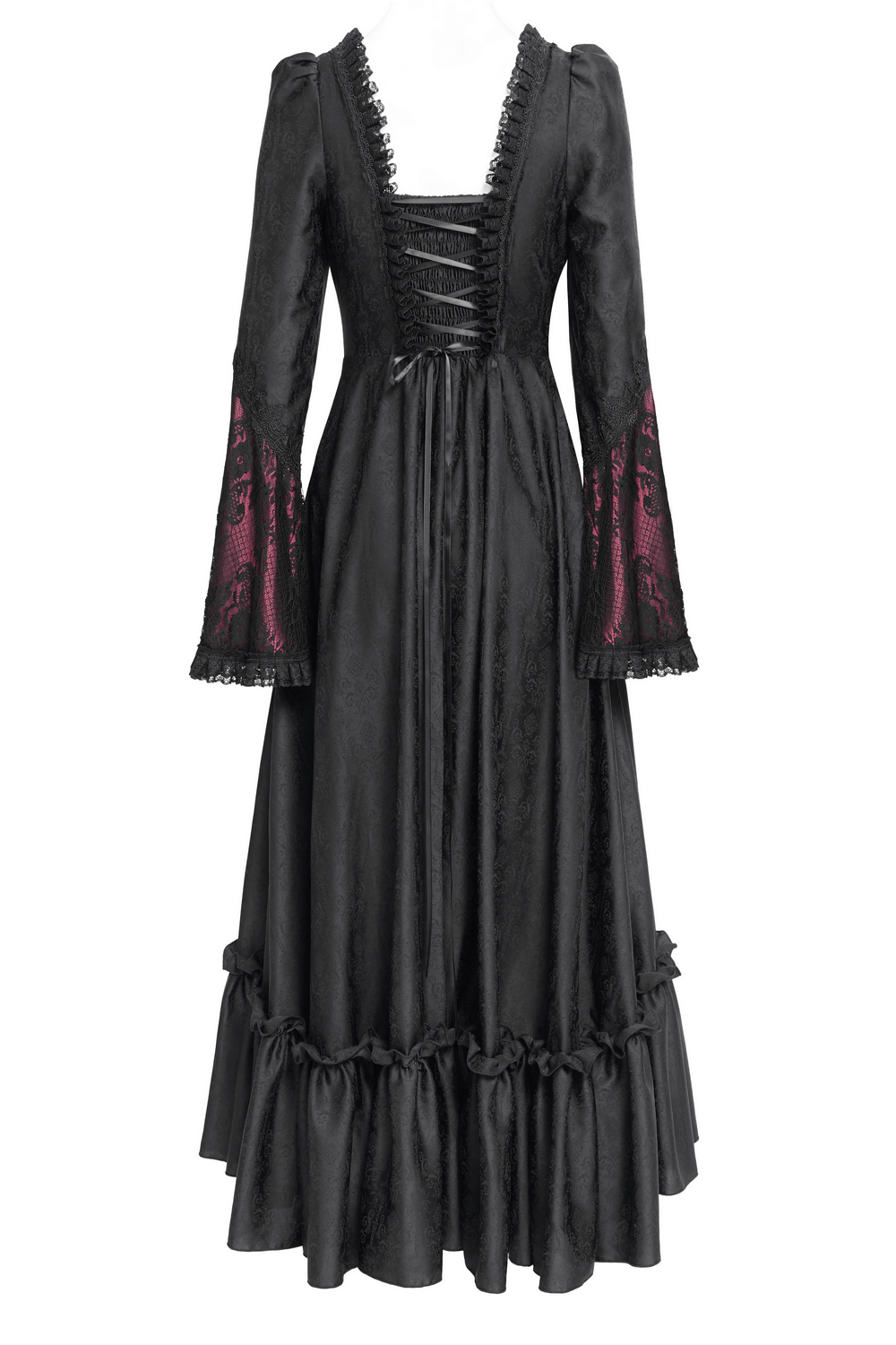 Gothic long black and wine red lace medieval dress with flared sleeves and ruffled hem.