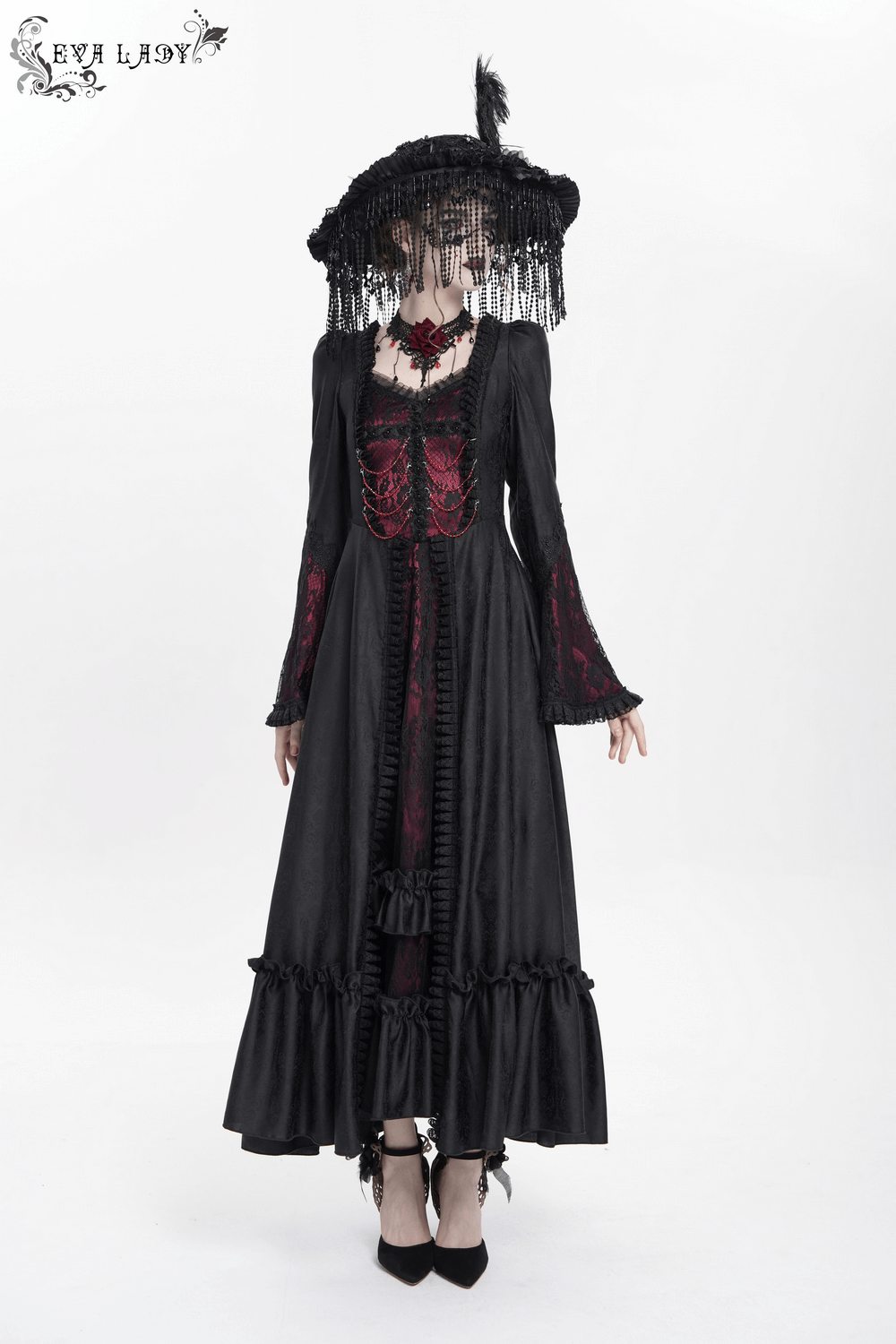 Gothic long black and wine red lace dress with flared sleeves and lace-up back for medieval-inspired elegance.