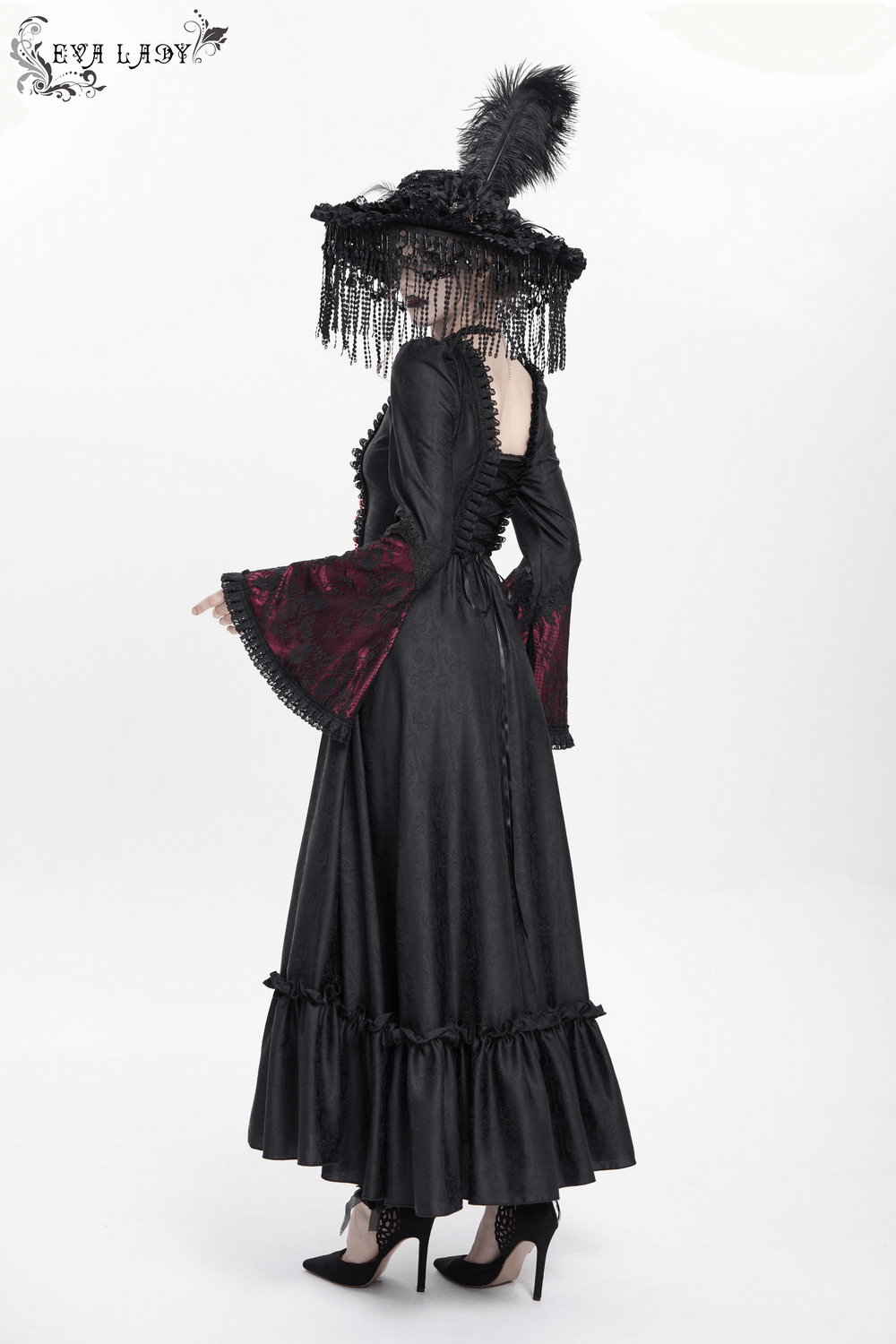 Elegant gothic long black and wine red lace dress with flared sleeves and ruffled hem, perfect for Renaissance events.