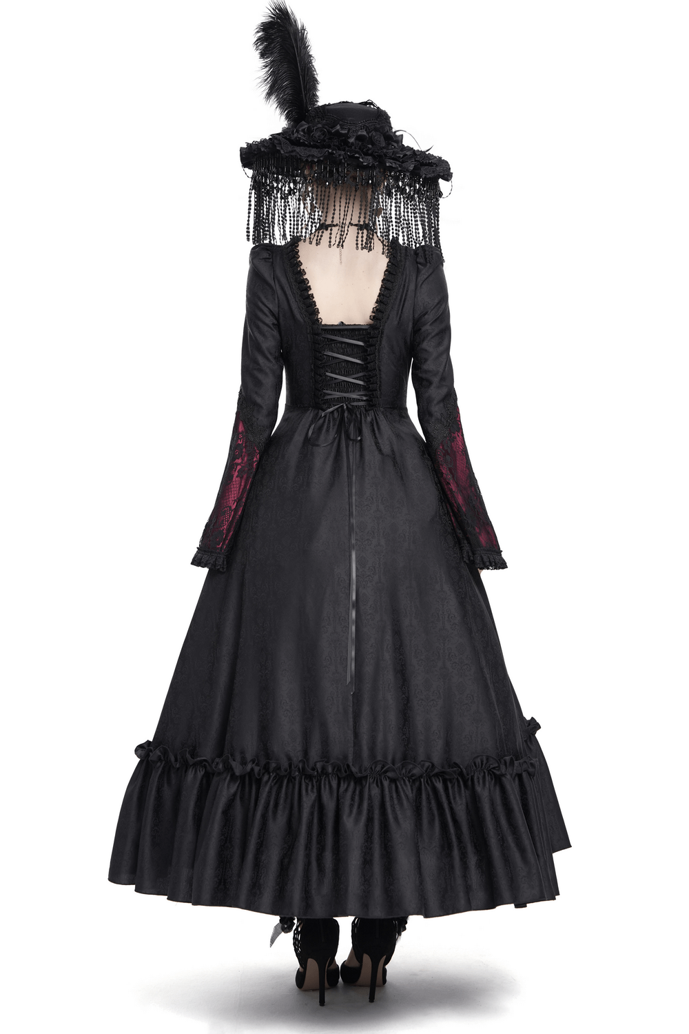 Elegant black and wine red lace medieval dress with flared sleeves and ruffled hem, perfect for gothic fashion.