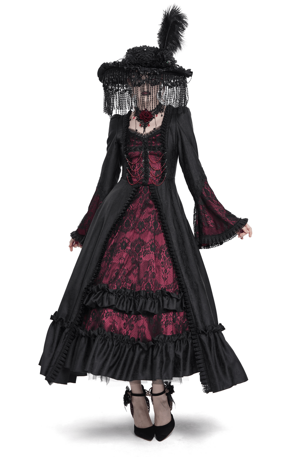Gothic long black and wine red lace medieval dress with flared sleeves and ruffled hem, perfect for elegant occasions.