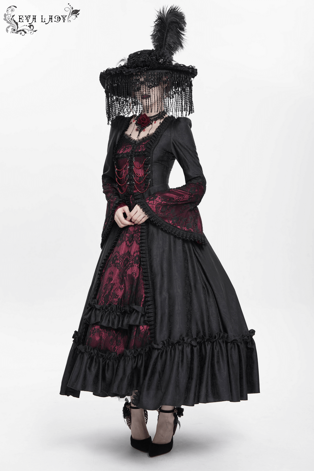 Gothic long black and wine red lace medieval dress with flared sleeves and ruffled hem.