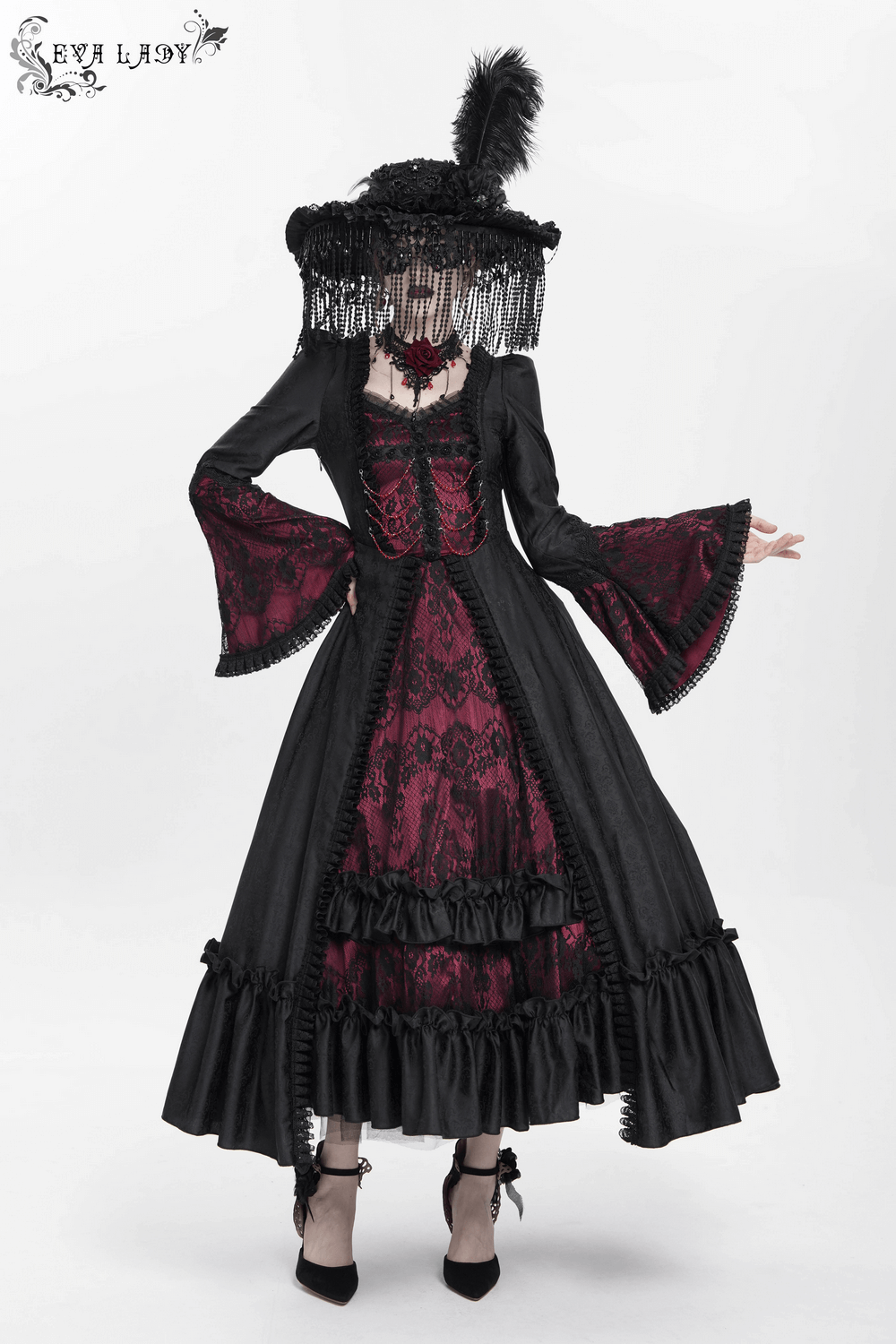 Elegant Gothic long black and wine red lace dress with flared sleeves, ruffled hem, and dramatic silhouette.