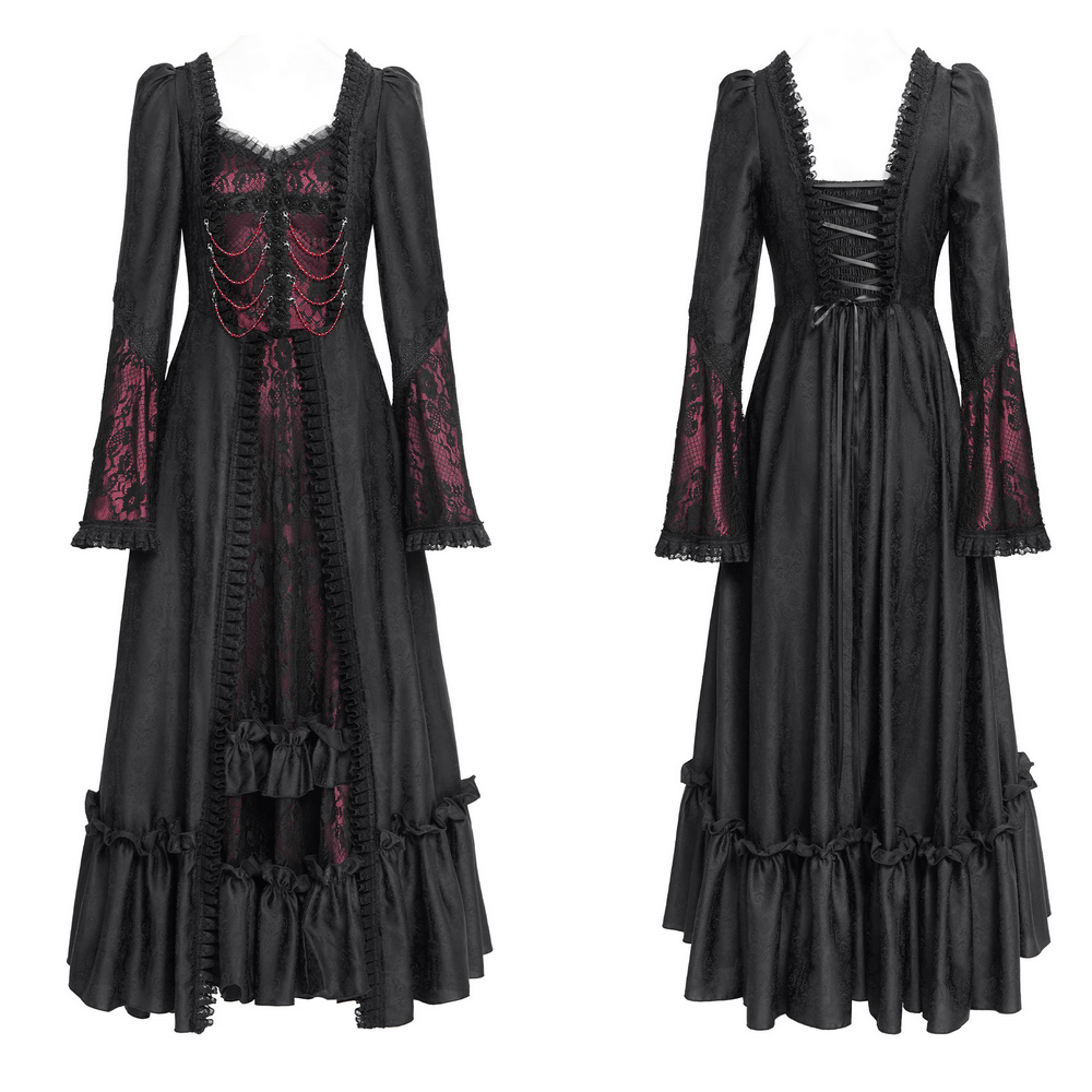 Gothic long black and wine red lace medieval style dress with flared sleeves and ruffled hem.