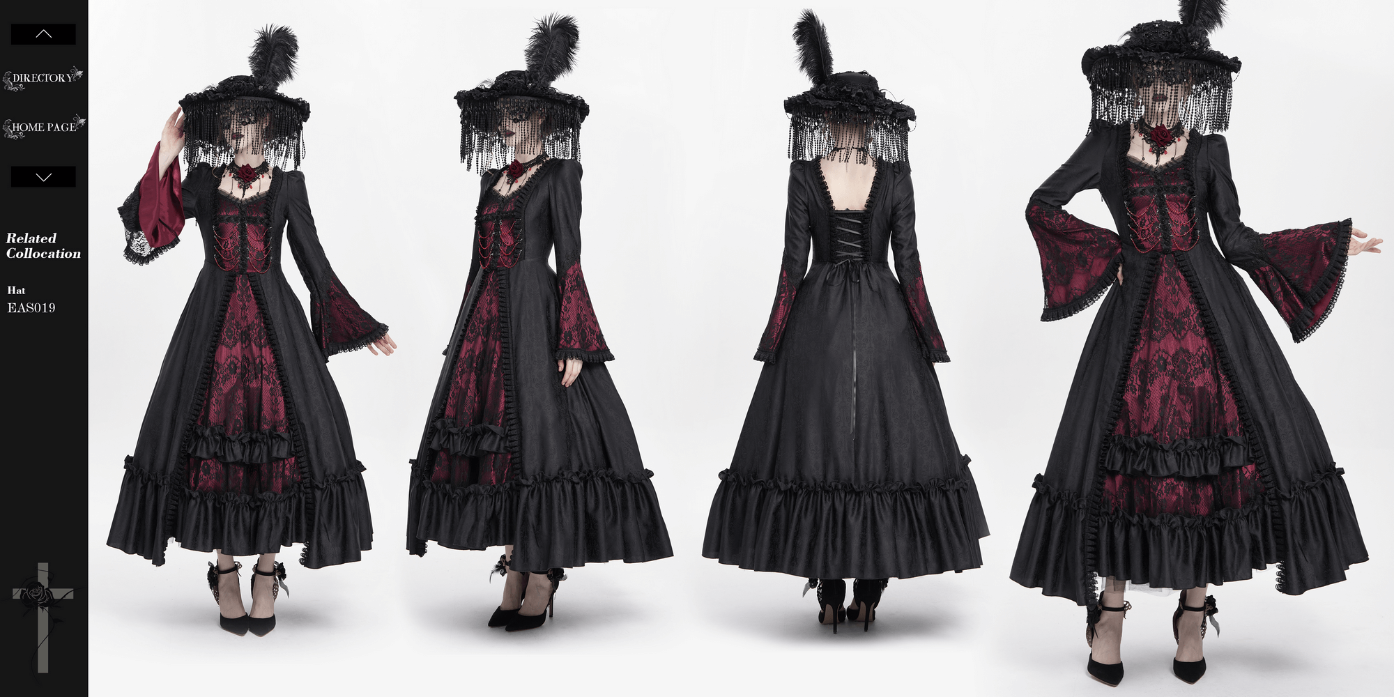 Gothic long black and wine red lace medieval style dress with flared sleeves and ruffled hem.