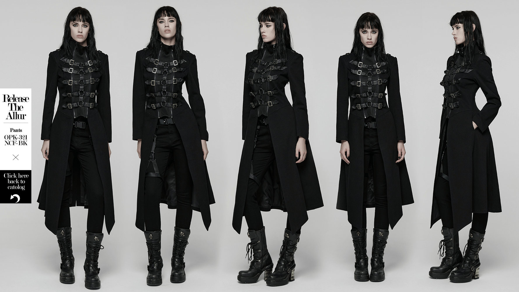 Gothic Long Black Coat with Straps and Buckle Detail showcased on model from multiple angles.