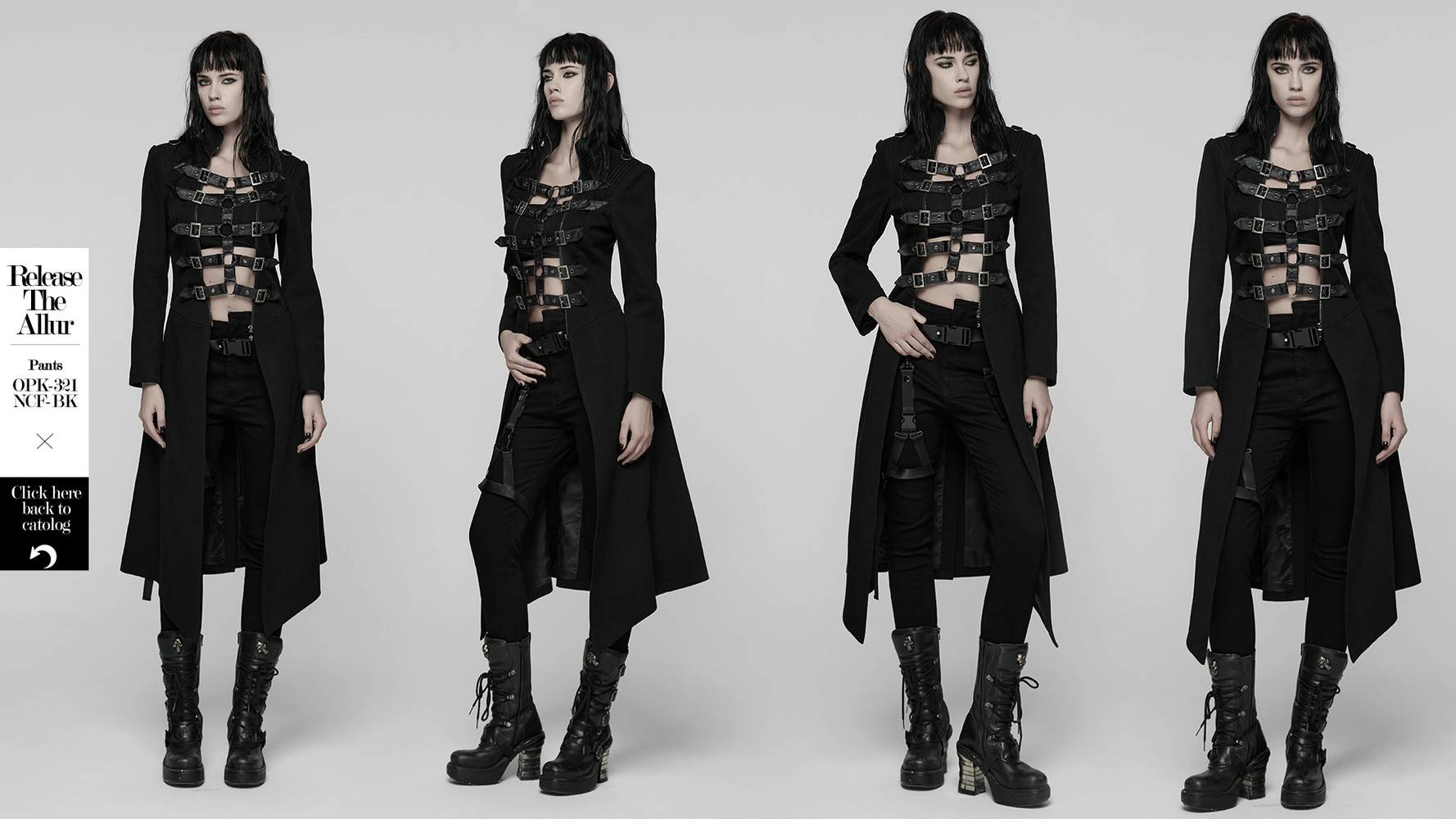 Gothic Long Black Coat with Straps and Buckle Detail worn with punk style and bold accessories.