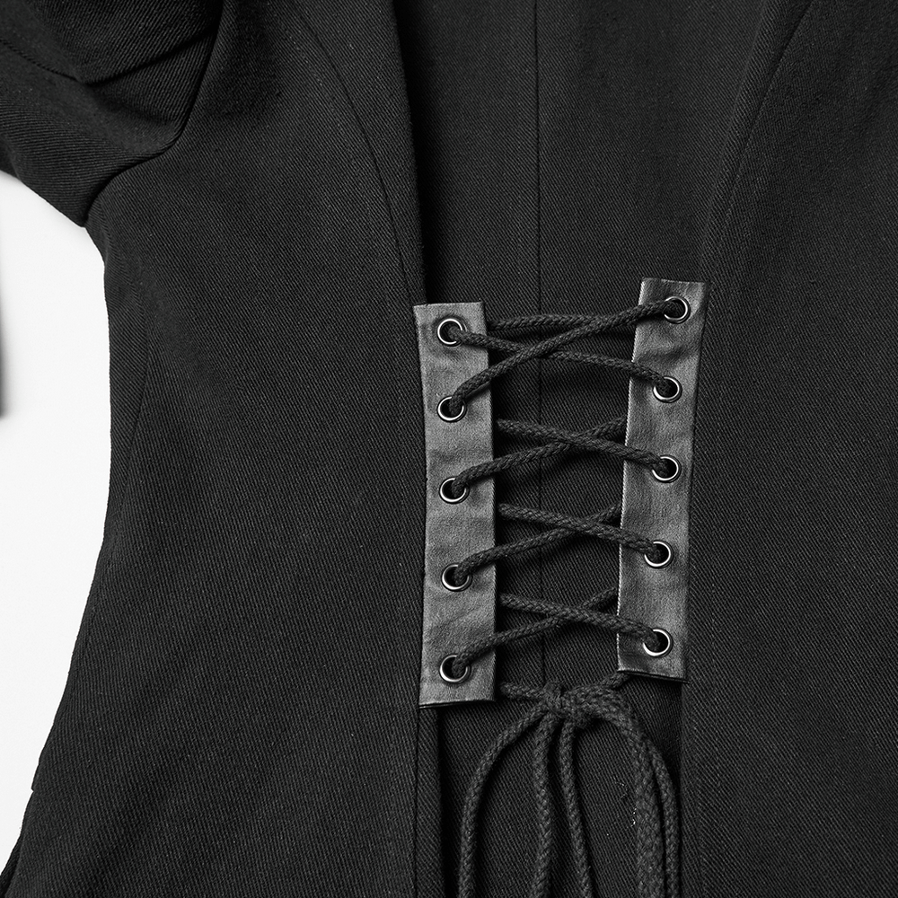 Gothic Long Black Coat with Straps and Buckle Detail close-up of laced detail and metal grommets.