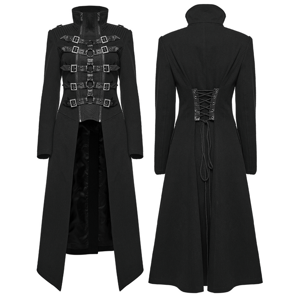 Gothic Long Black Coat with Straps and Buckle Detail featuring double zipper and accent laces.