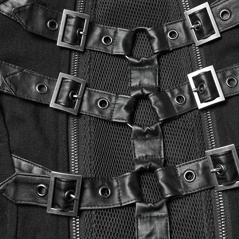 Gothic Long Black Coat with Straps and Buckle Detail showcasing striking strap accents and double-zippers.