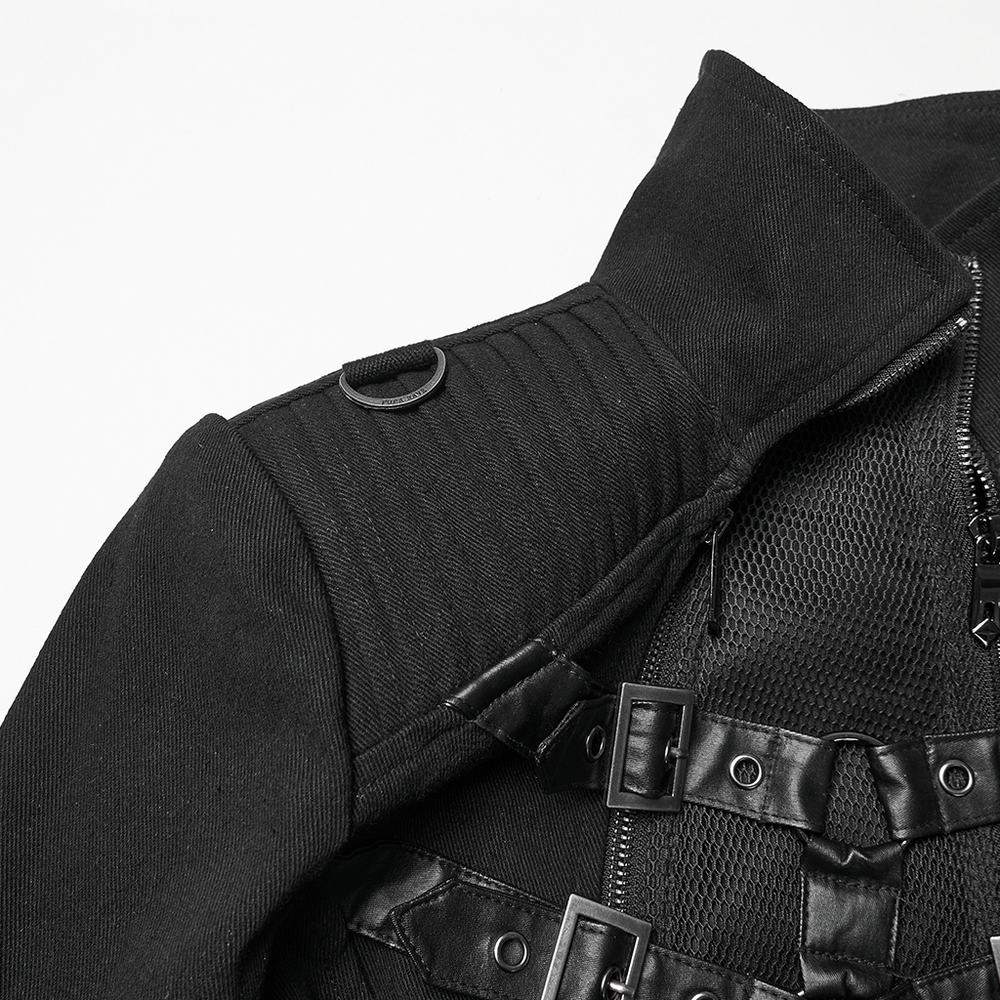 Gothic Long Black Coat with Straps and Buckle Detail showcasing shoulder and zipper accents.