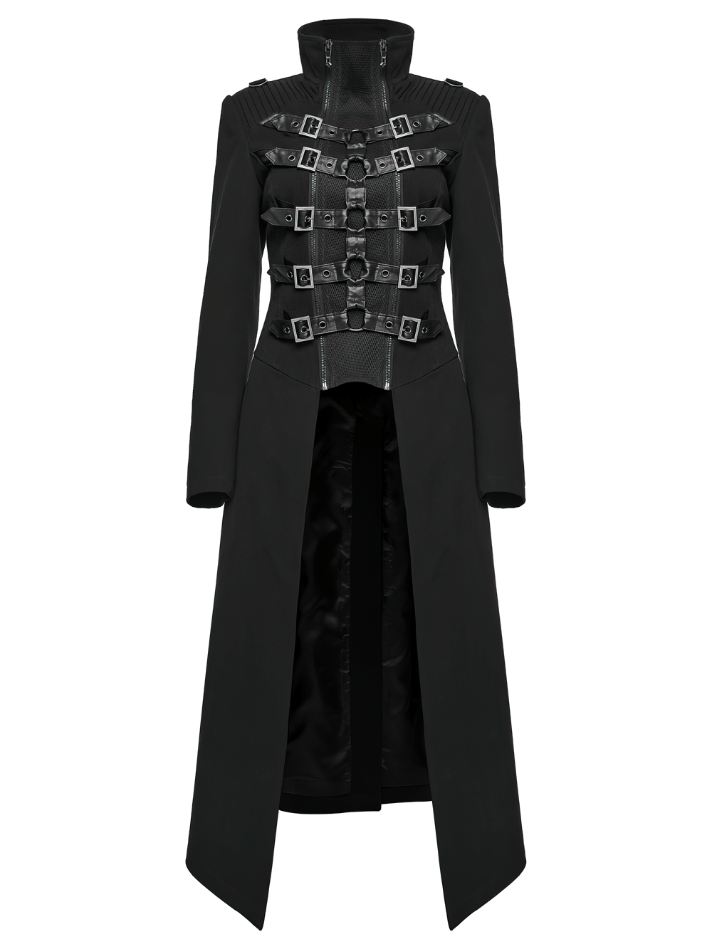 Gothic Long Black Coat with Straps and Buckle Detail featuring double-zippers and striking strap accents.