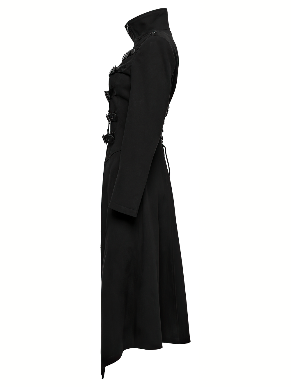 Gothic Long Black Coat with Straps and Buckle Detail, showcasing side view with intricate strap accents.