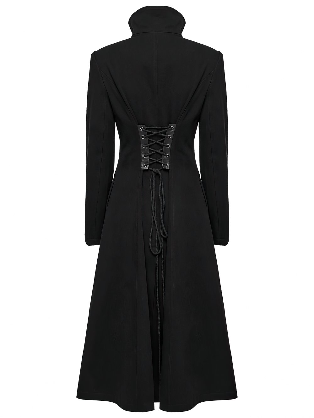 Gothic Long Black Coat with Straps and Buckle Detail showcasing the back view and lace-up design.