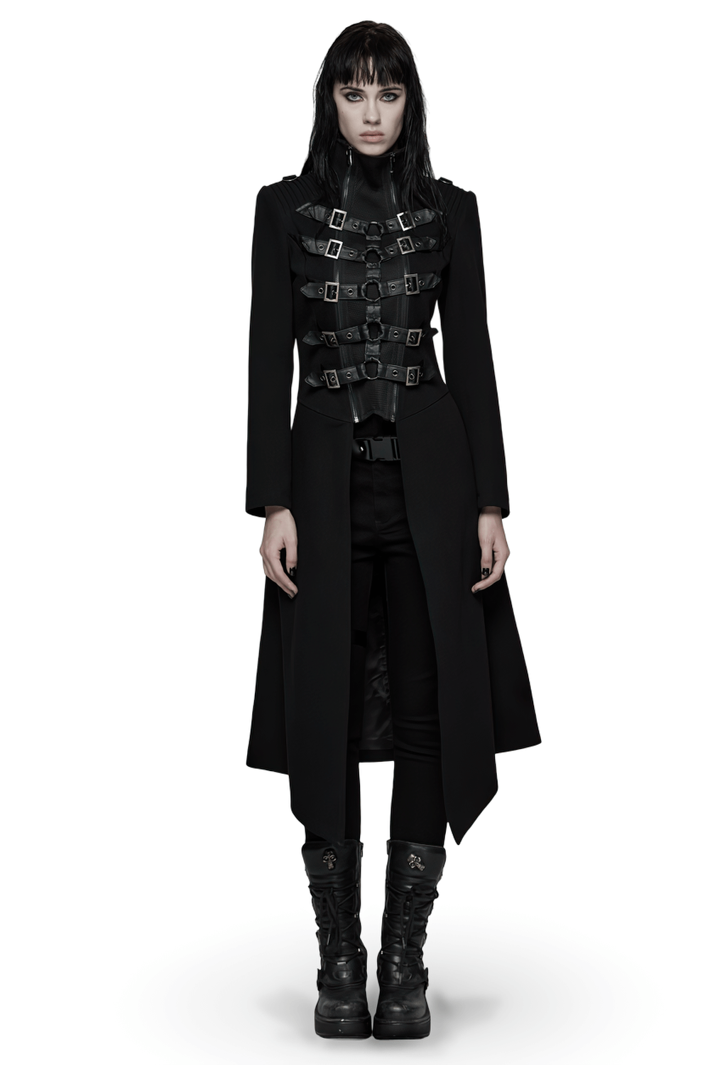 Gothic Long Black Coat with Straps and Buckle Detail worn by model, showcasing punk style and bold design.