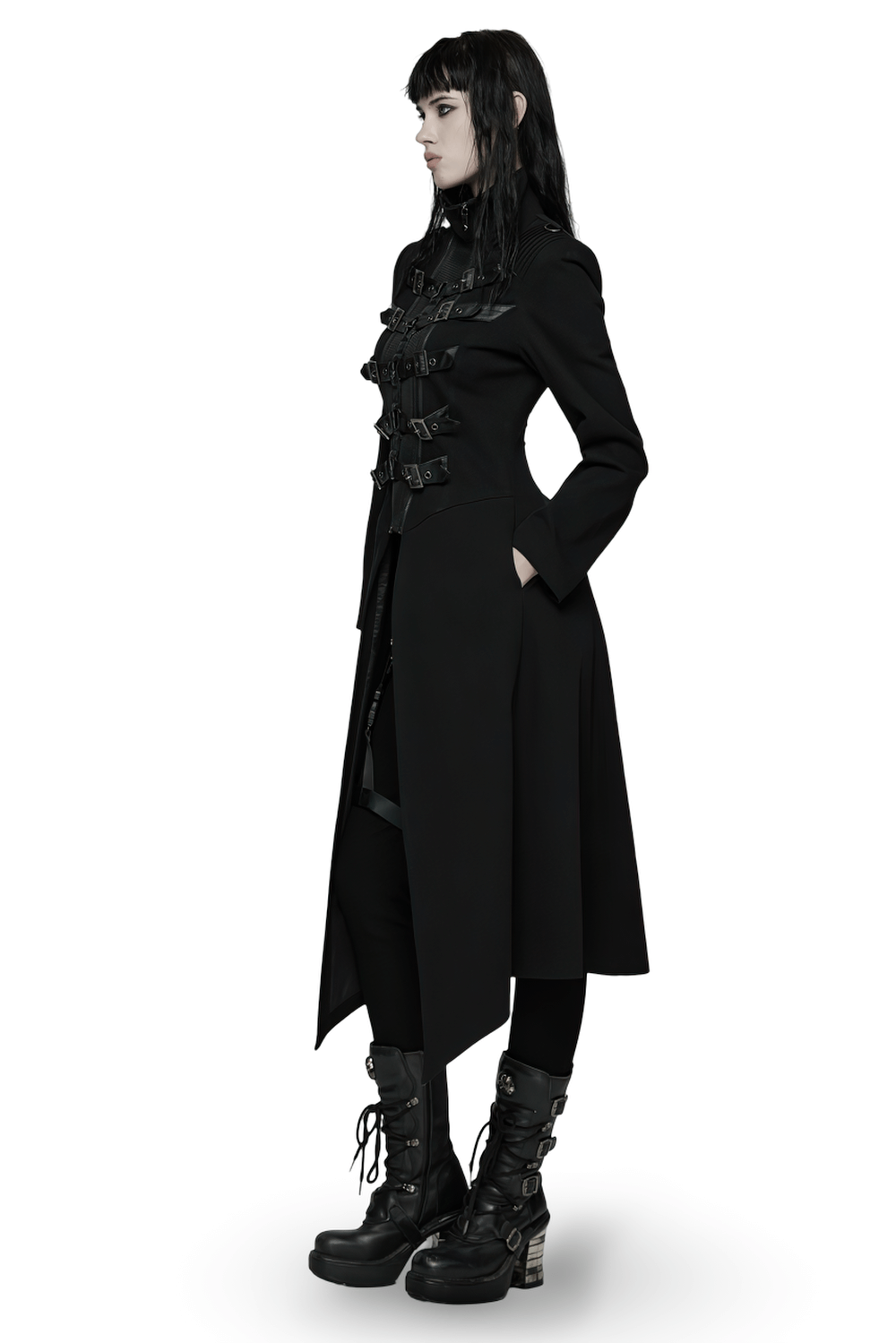 Gothic Long Black Coat with Straps and Buckle Detail worn by model, featuring a sleek design and distinctive punk elements.