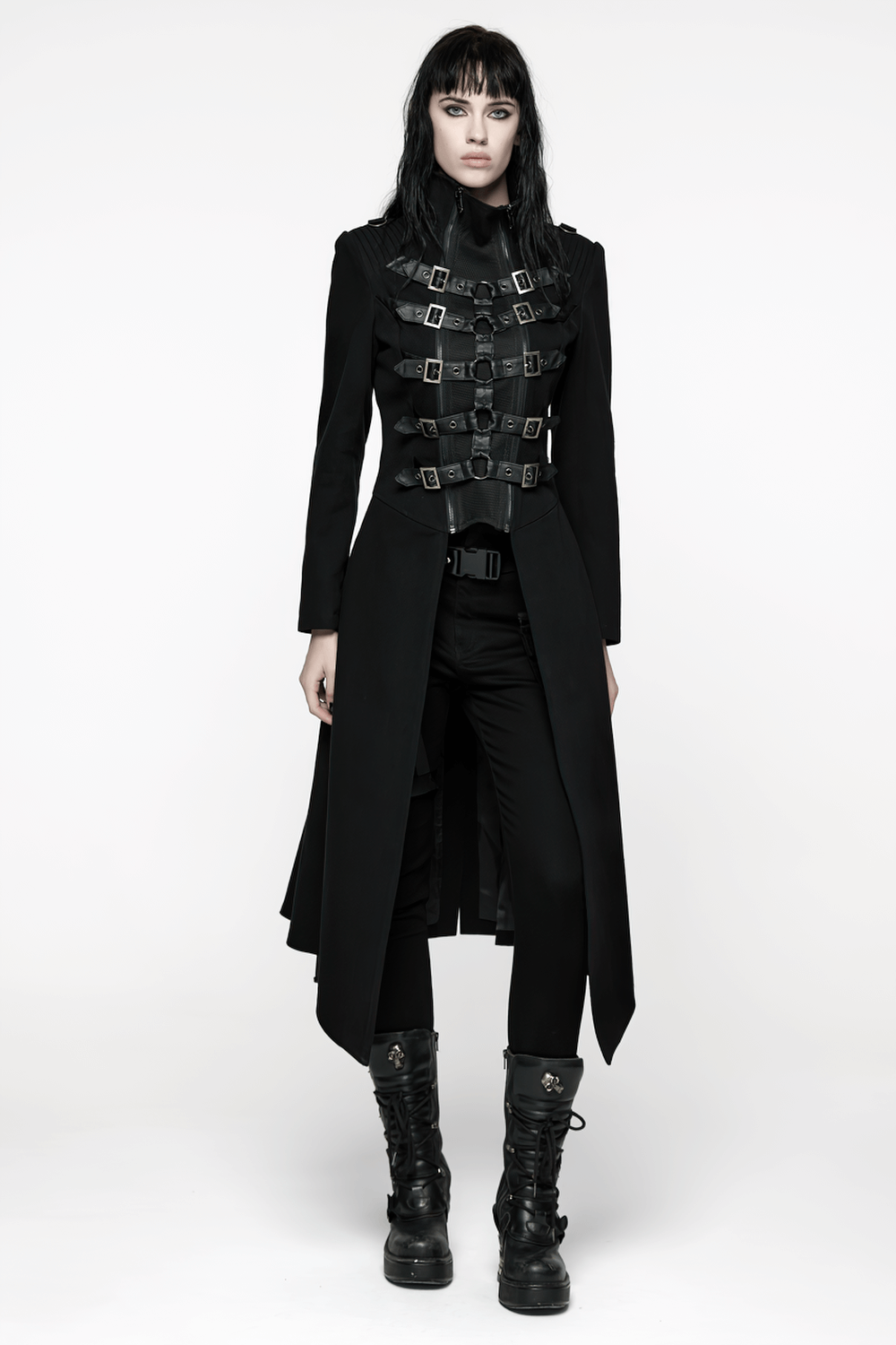 Gothic Long Black Coat with Straps and Buckle Detail worn by a model, showcasing its punk style and edgy design.
