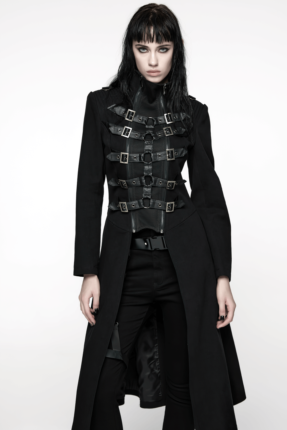 Gothic Long Black Coat with Straps and Buckle Detail showcasing punk edge and double-zipper design.