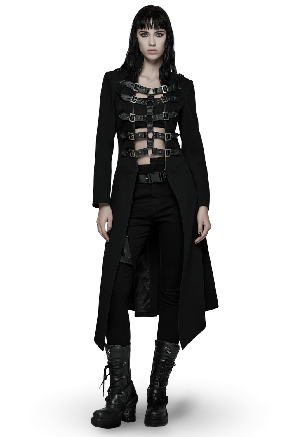 Gothic Long Black Coat with Straps and Buckle Detail worn by model showcasing punk style.