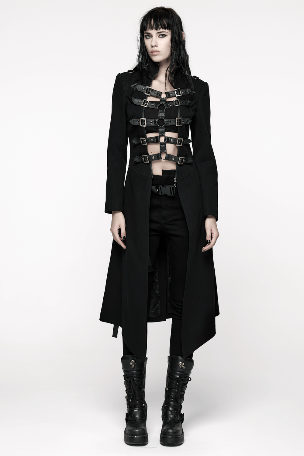 Gothic Long Black Coat with Straps and Buckle Detail worn by model in edgy fashion pose.