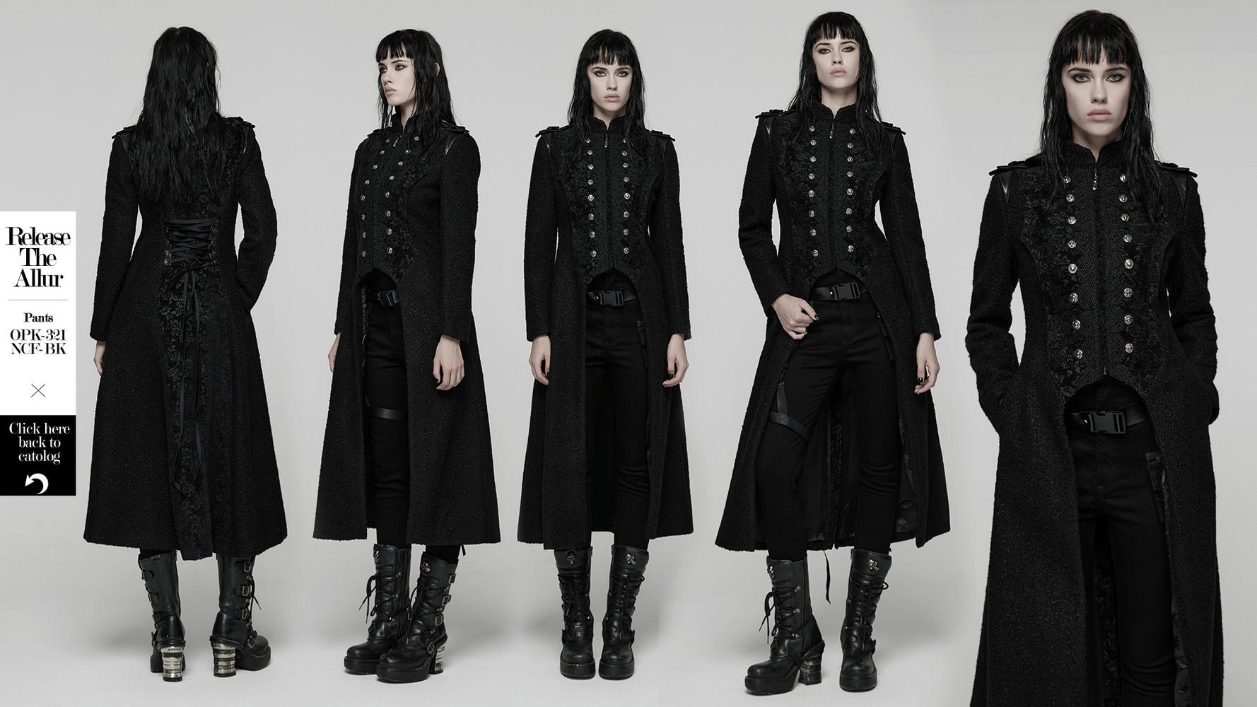 Gothic Long Black Double-Breasted Woolen Coat showcased from multiple angles, embodying elegance and edge.