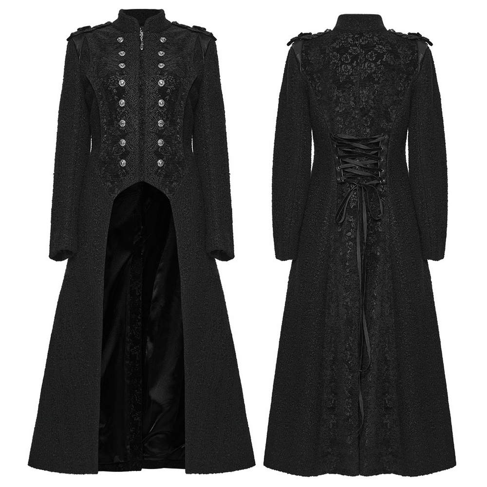 Gothic Long Black Double-Breasted Woolen Coat with lace trim and skull rivets, showcasing elegant gothic design.