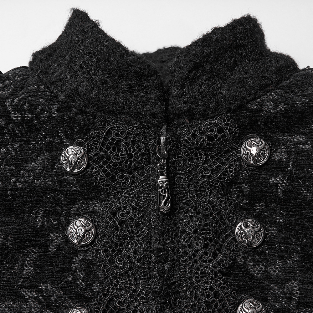 Gothic Long Black Double-Breasted Woolen Coat showcasing intricate lace trim and ornate skull buttons.