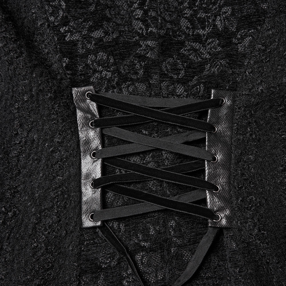 Gothic Long Black Double-Breasted Woolen Coat lace-up detail. Elegant and edgy black fabric with lacing embellishment.