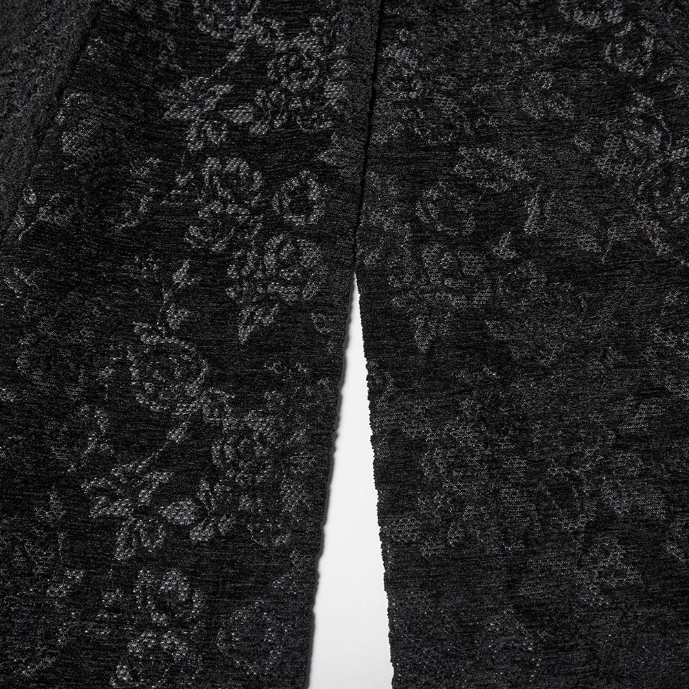 Texture detail of Gothic Long Black Double-Breasted Woolen Coat featuring elegant lace pattern.