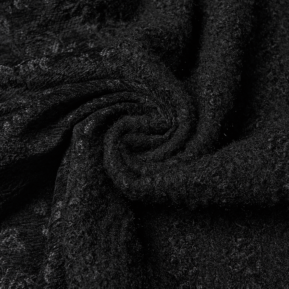 Gothic Long Black Double-Breasted Woolen Coat fabric detail showcasing luxurious black woolen texture.
