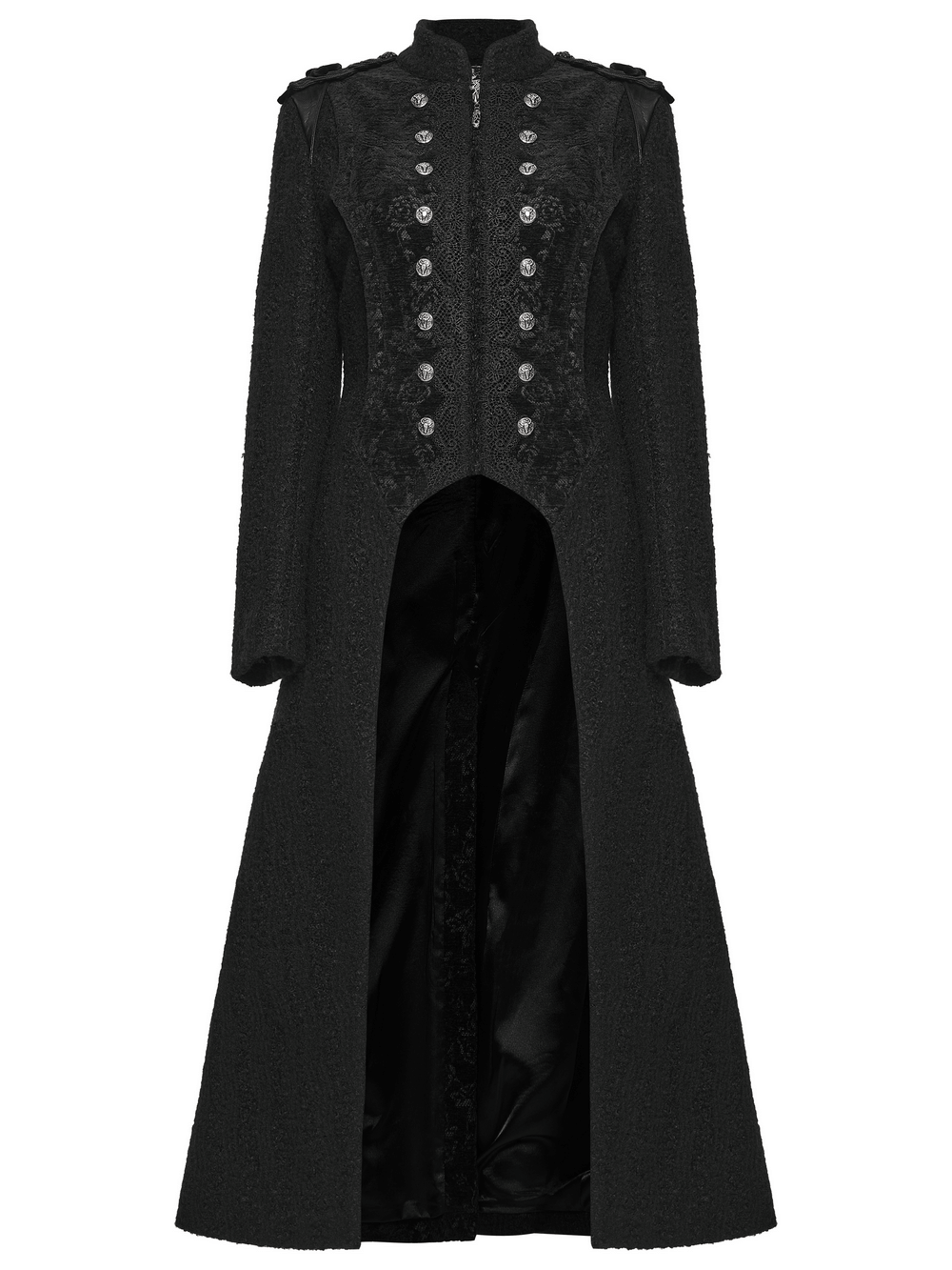 Gothic Long Black Double-Breasted Woolen Coat featuring lace trim and ram head skull rivets for a dramatic silhouette.