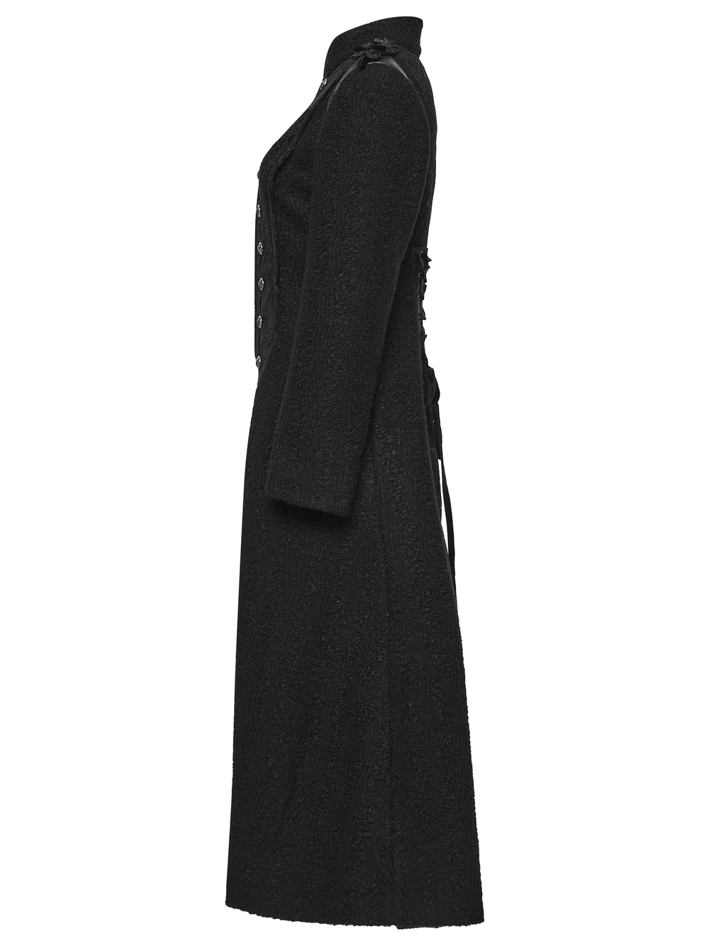 Gothic Long Black Double-Breasted Woolen Coat showcased from the side, highlighting its elegant A-line silhouette and details.