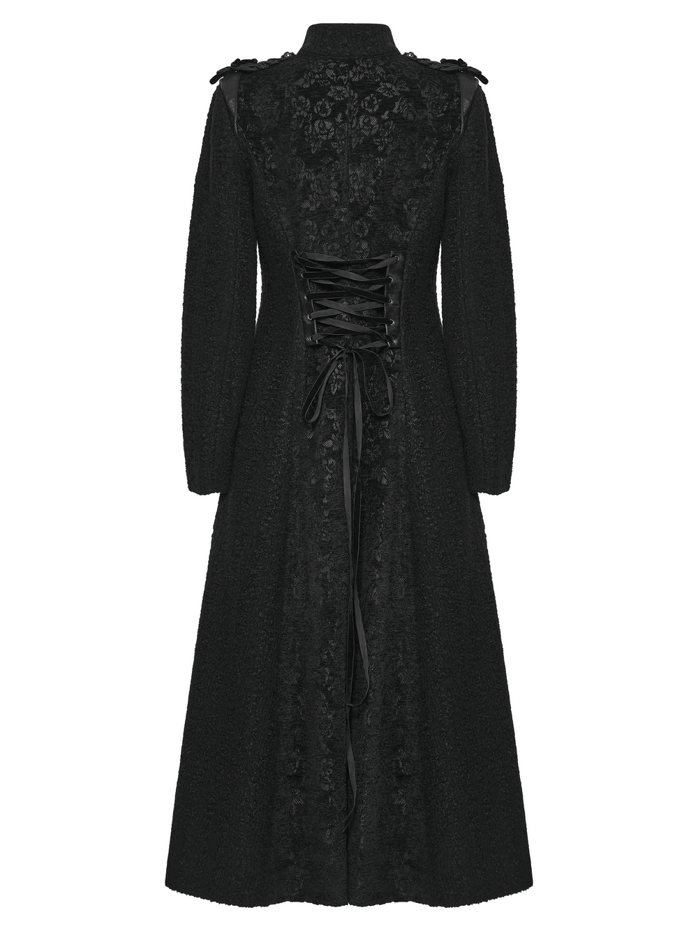 Gothic Long Black Double-Breasted Woolen Coat showcasing elegant lace details and dramatic A-line hem.